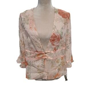 Vtg Sheer Floral Crinkle Blouse Peach Pink Ruffle Sleeve V-Neck Top Boler   16P